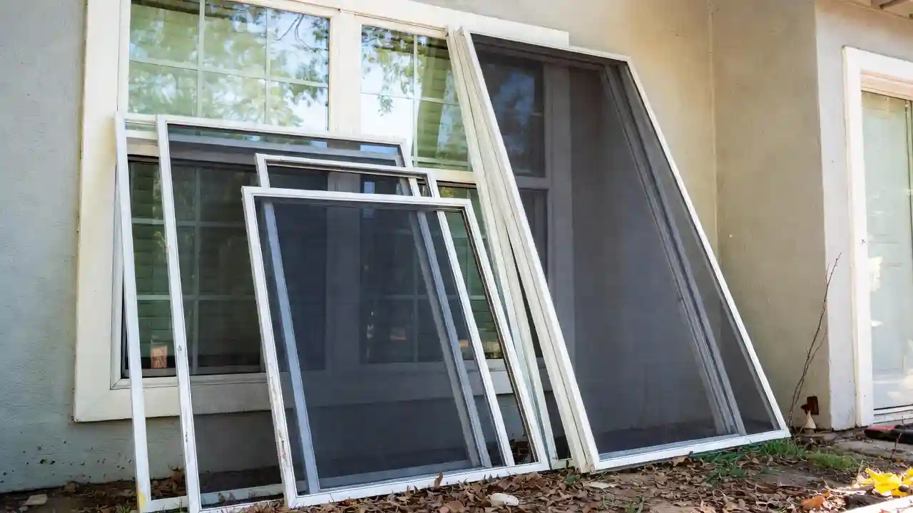 Window screens removed for cleaning